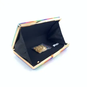 Rainbow glitter evening clutch bag, sparkling sequin design with gold metal frame and chain.