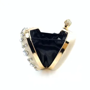 Exquisite rhinestone crystal heart evening clutch bag detail showing gold frame and rhinestones.