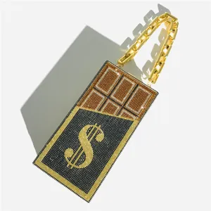 Crystal rhinestone chocolate dollar sign clutch bag fashion evening handbag with gold chain