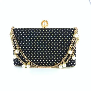 Elegant black rhinestone evening clutch bag with pearl chain strap and clasp for women.