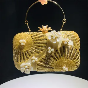Gold sequin evening clutch bag with pearls and floral decor, elegant wedding party handbag.