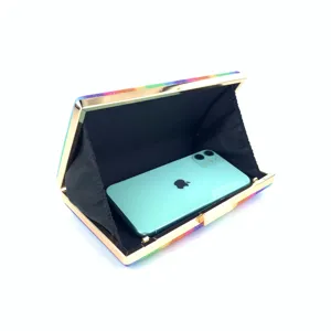 Rainbow glitter clutch bag for women, evening party metal frame square handbag detail.