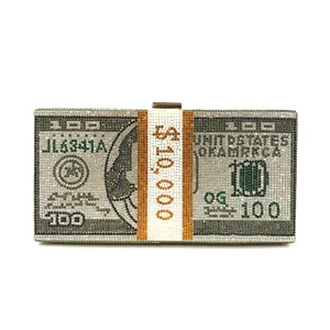 Rhinestone dollar bill clutch bag sparkling crystal money stack evening purse for women.