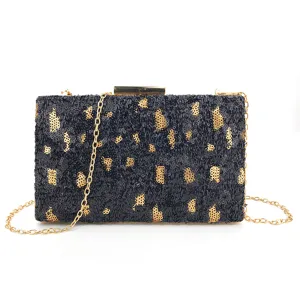 Élégant sac clutch de soirée noir à paillettes motif léopard avec chaîne dorée