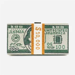 Crystal dollar bill evening clutch bag, rhinestone 100 dollar stack minudiere purse for women party.