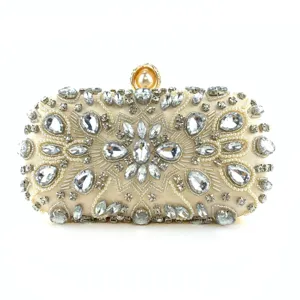 Champagne satin crystal rhinestone beaded evening clutch bag exquisite detail view