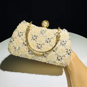 Handmade beaded evening bag for women elegant wedding party clutch with floral mesh and pearl.