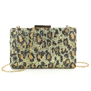 Sac pochette léopard à sequins pour femme, élégant sac de soirée avec chaîne dorée chic.