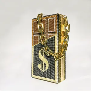 Crystal rhinestone chocolate dollar clutch bag luxury evening purse with gold chain strap