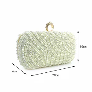 Pearl evening clutch bag with ring clasp and dimensions 20x10x6cm for party dress.