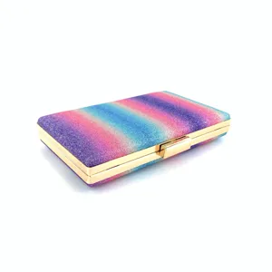 Rainbow glitter clutch bag for women, sparkly evening party purse with gold frame.