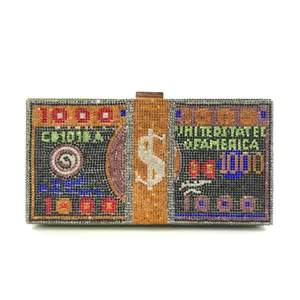 Rhinestone US dollar bill novelty evening clutch bag sparkling crystal money purse for women