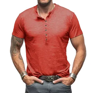 Men's casual slim fit short sleeve henley t-shirt, summer basic solid color muscle top.