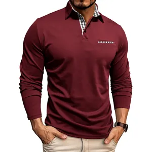 Polo a manica lunga bordeaux da uomo con collo a quadri e raffinato dettaglio taschino.