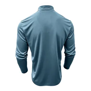 Men's solid slate blue stand collar long sleeve top back detail view, comfortable fit.