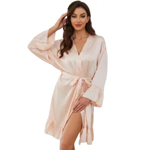 Women satin silk robe solid color long sleeve nightwear sexy breathable summer loungewear