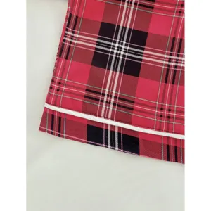 Red and black plaid rayon pajama pants casual home wear long trousers with white piping detail