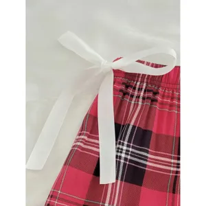 Women Red Plaid Lounge Pants Elastic Waist White Bow Pajama Bottoms Casual Sleepwear