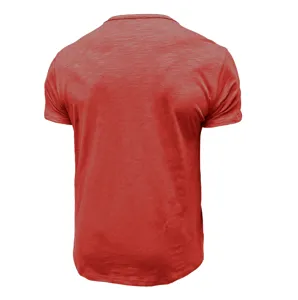 Men's red short sleeve t-shirt back view detail shot, casual slim fit summer apparel basic top.