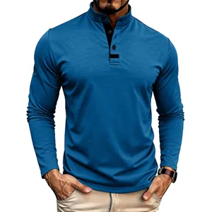 Detailed view of mens casual blue stand collar long sleeve shirt with stylish button placket.