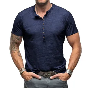 Details of dark blue men's slub cotton short sleeve Henley shirt with button placket.
