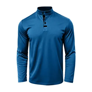 Men's solid color long sleeve stand collar shirt detail view, comfortable casual wear.