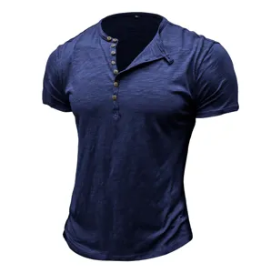 Men's dark blue short sleeve henley shirt detail with wooden buttons and XL collar tag