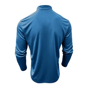 Men mock neck long sleeve solid blue shirt back view premium apparel detail clothing