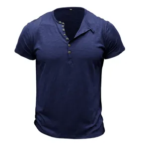 Men's dark blue short sleeve henley t-shirt detail, casual muscle fit and wooden buttons.
