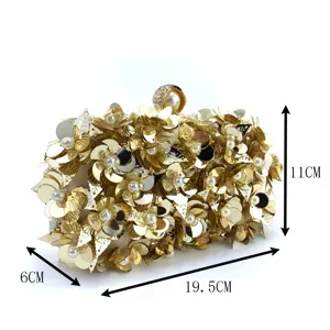 Gold sequin flower evening clutch bag with pearl decor for women wedding party purses 19.5cm