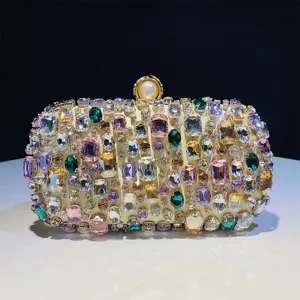 Elegant crystal evening clutch bag with colorful rhinestones and pearl clasp for women.