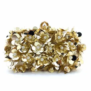 Luxury Golden Sequin Pearl Evening Clutch Bag Elegant Wedding Party Purse For Women