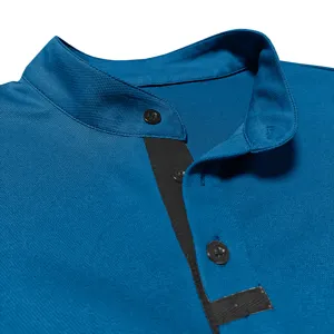 Close-up detail of men's stand-up collar long sleeve polo shirt showing blue textured fabric.
