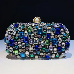 Handmade crystal evening clutch bag, colorful rhinestone box handbag for women party.