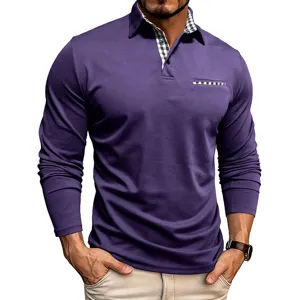 Polo da uomo a manica lunga viola con colletto a contrasto e taschino a quadri casual ed elegante.