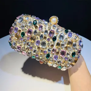 Crystal rhinestone evening clutch bag with pearl clasp, sparkling diamond box purse for party.