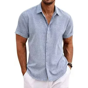 Men's casual short sleeve Cuban collar shirt summer breathable button down top white pants match