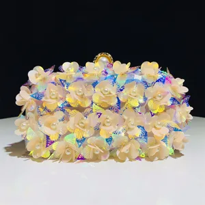 Women Evening Clutch Bag Gradient Floral Sequin Party Wedding Purse Luxury Artificial Pearl Handbag Metallic Frame Box Bag