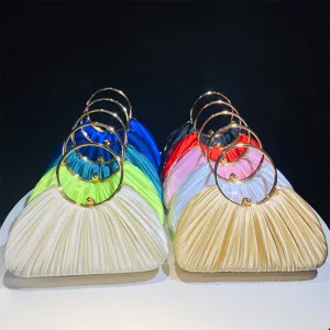 Elegant satin pleated evening bag with metal ring handle for women party wedding.
