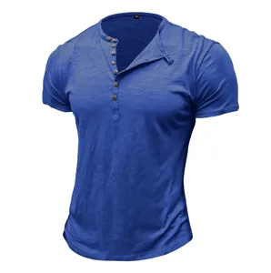 Men's blue short sleeve henley t-shirt muscle fit casual summer top with buttons
