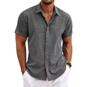Men summer short sleeve casual button down shirt dark grey top with white pants fashion