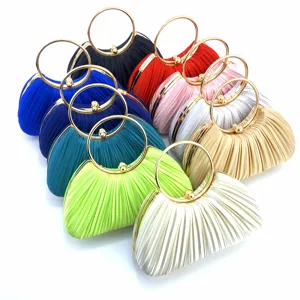 Elegant satin ruched evening clutch bag with gold round ring handle for women party.