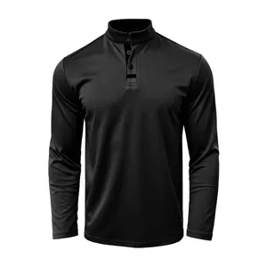 Detail view of men black stand collar long sleeve shirt, comfortable fabric and button neck.