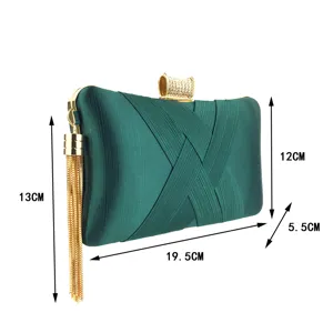 Green satin evening clutch detail view with precise dimensions, total length 19.5cm.