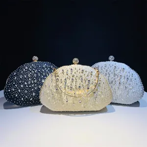 Luxe Strass Schelp Avond Clutch Tas Voor Vrouwen Bruiloft Banket Feest Handtas Met Ketting En Parel Decoratie