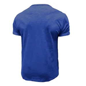 Back view detail of blue men's casual short sleeve t-shirt, comfortable summer wear.