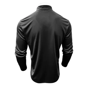 Back detail view of black men's stand-up collar long-sleeve top showing sleek fabric.
