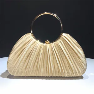 Elegant Satin Pleated Evening Bag For Women Metallic Top Handle Clasp Closure Chain Shoulder Strap Prom Party Handbag