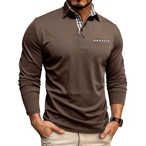 Polo a manica lunga casual da uomo marrone con colletto e tasca a quadri elegante.