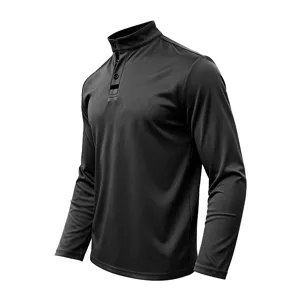 Men's black long sleeve stand collar top with button placket detail for daily casual wear.